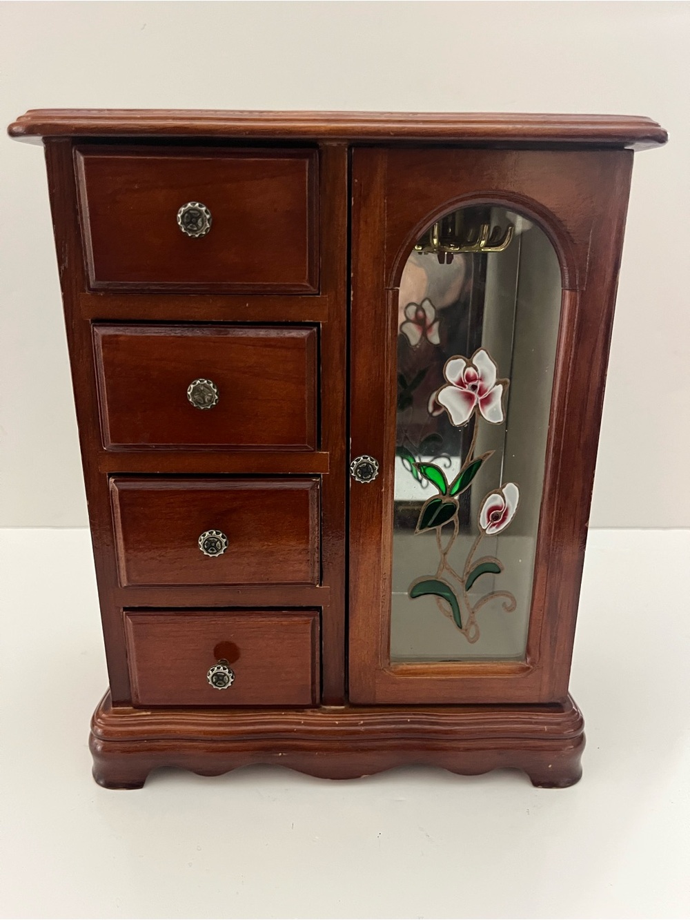 Vintage Wooden Jewelry Armoire Box | 4 Drawers & Floral Glass Door